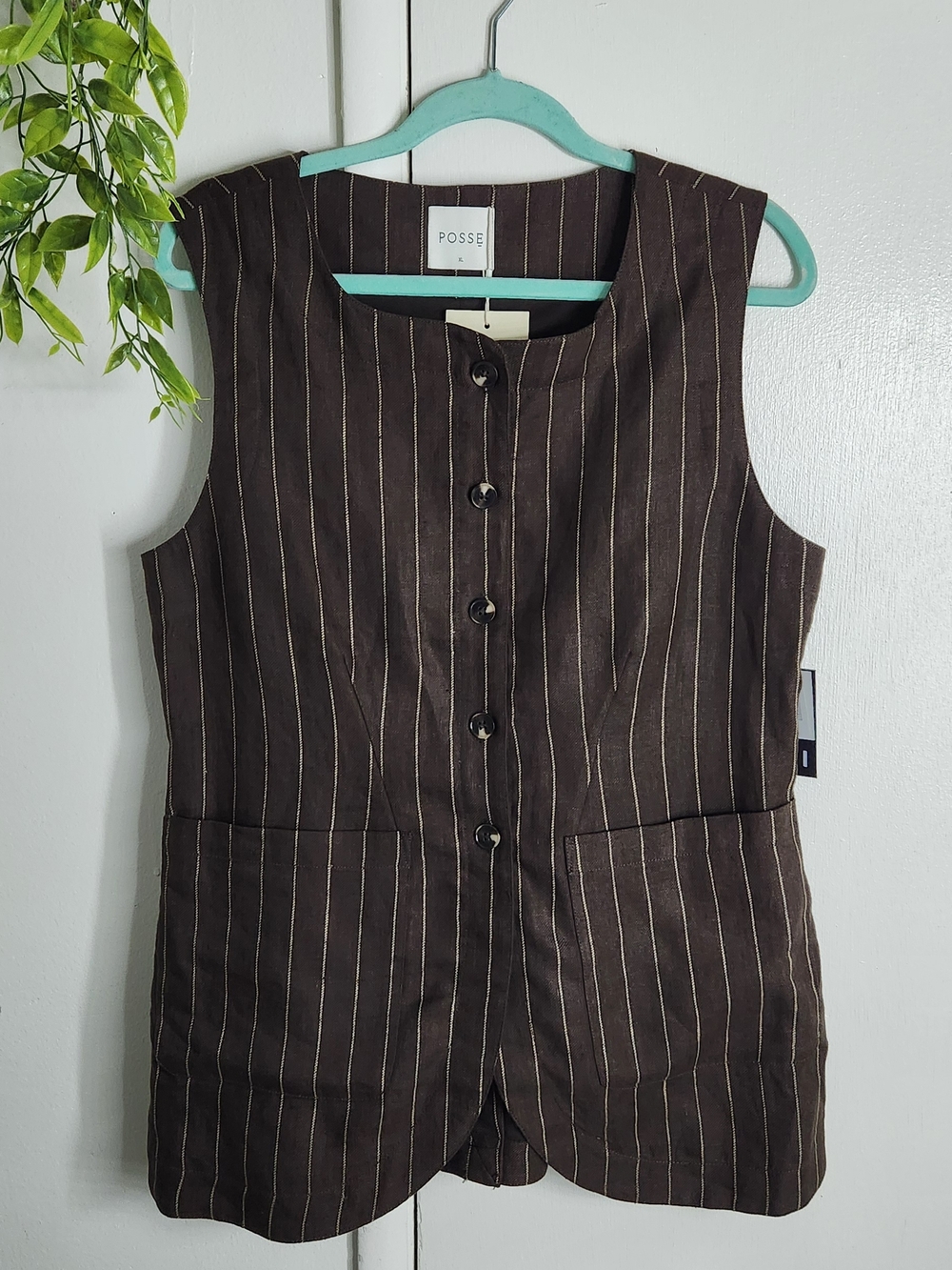✨ POSSE Emma Vest Chocolate Cream Pinstripe Linen NWT XL 🤎✨